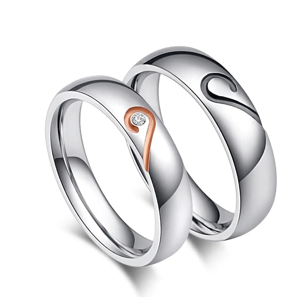 Heart Puzzle Matching Rings For Couples Stainless Steel Inlaid Zircon Minimalist Romantic Band Rings Anniversary Jewelry Gift
