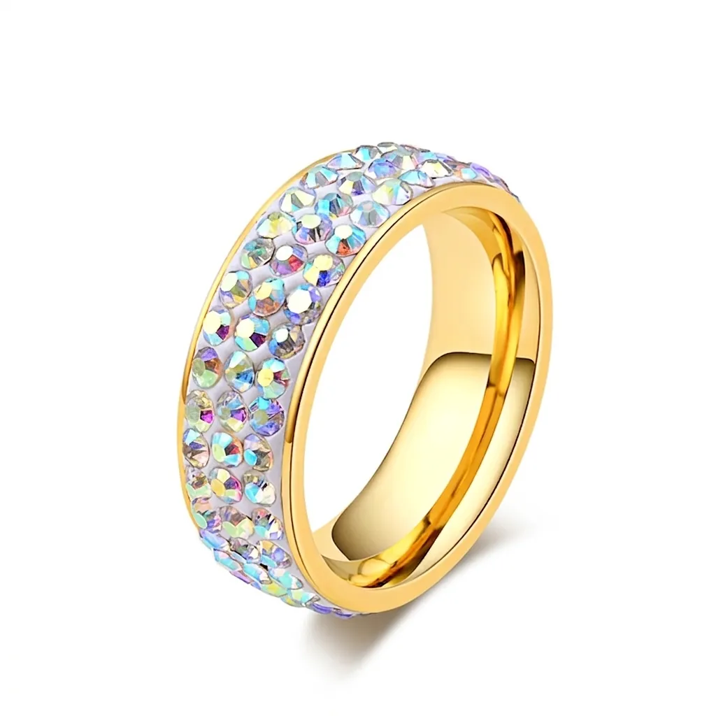 Bague Anneau en Acier Inoxydable Plaqué Or 18K Avec Strass Couleur AB Multirangée Bijou Élégant et Scintillant pour Femme