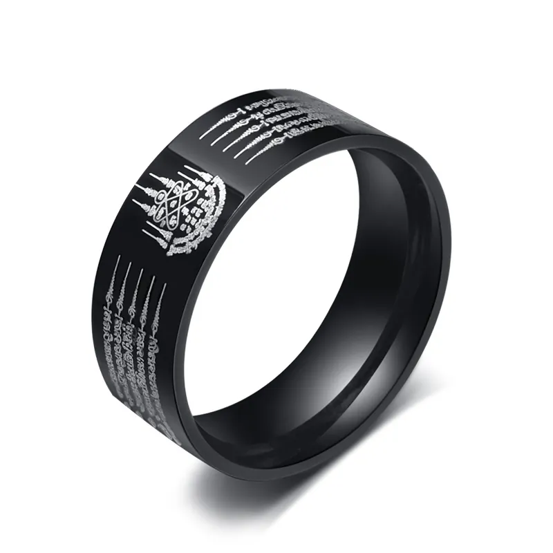 Vintage Stainless Steel Thai Scripture Rings For Men Black Polished Religious Amulet Band Rings Ethnic Style Finger Jewelry