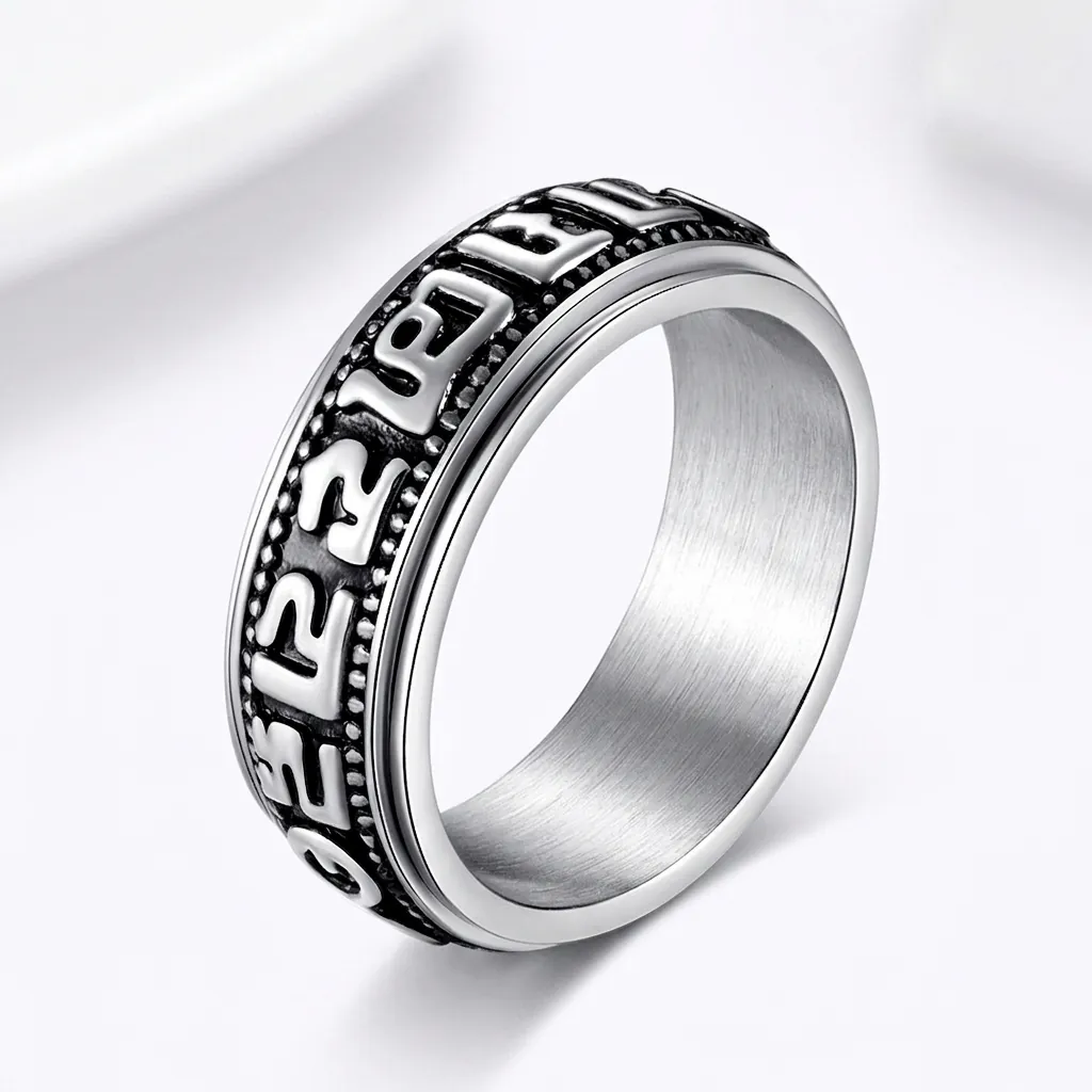 Vintage Stainless Steel Spinner Ring For Men Women Buddhist Mantra Rotatable Band Relief Ethnic Religious Finger Jewelry