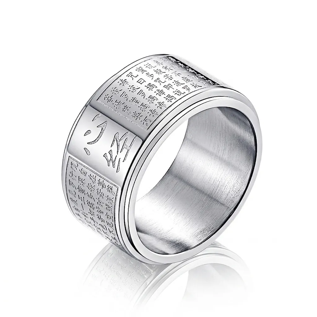 Vintage Stainless Steel Heart Sutra Spinner Ring For Men Women Buddhist Scripture Rotating Band Religious Jewelry Gift