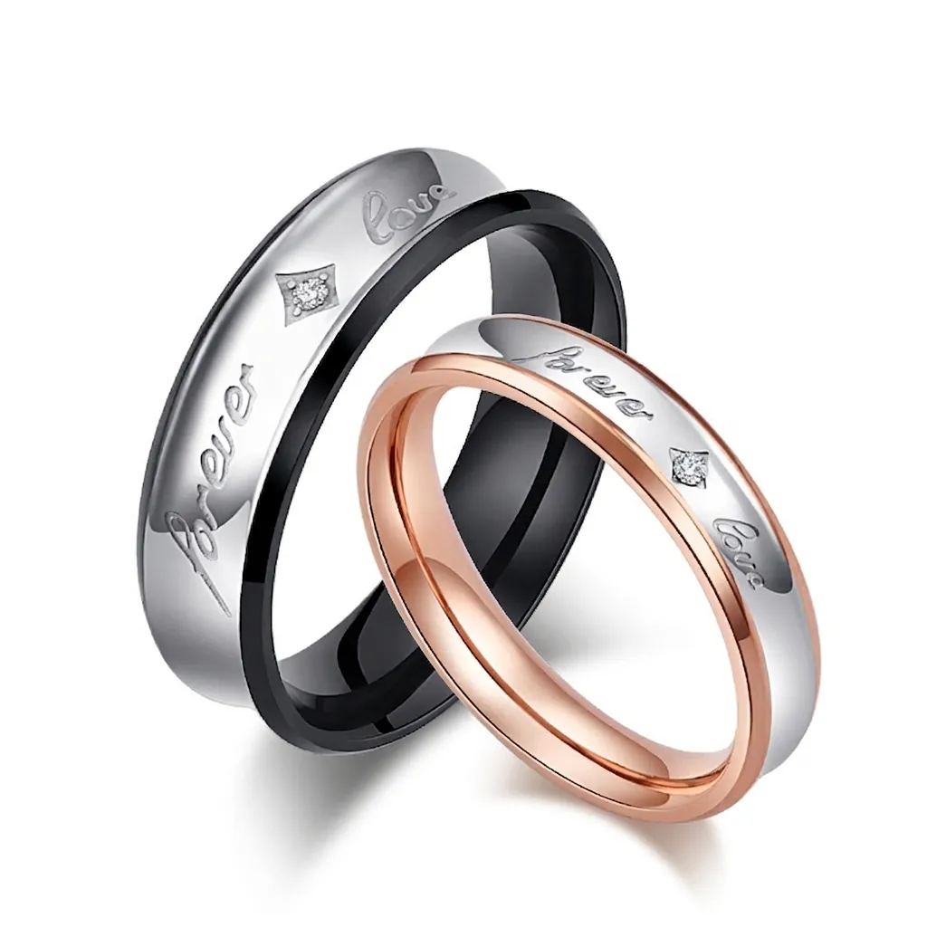 Ensemble de Bagues de Couple en Acier Inoxydable Gravé Forever Love Strass Plaqué Or Rose Noir pour Homme Femme