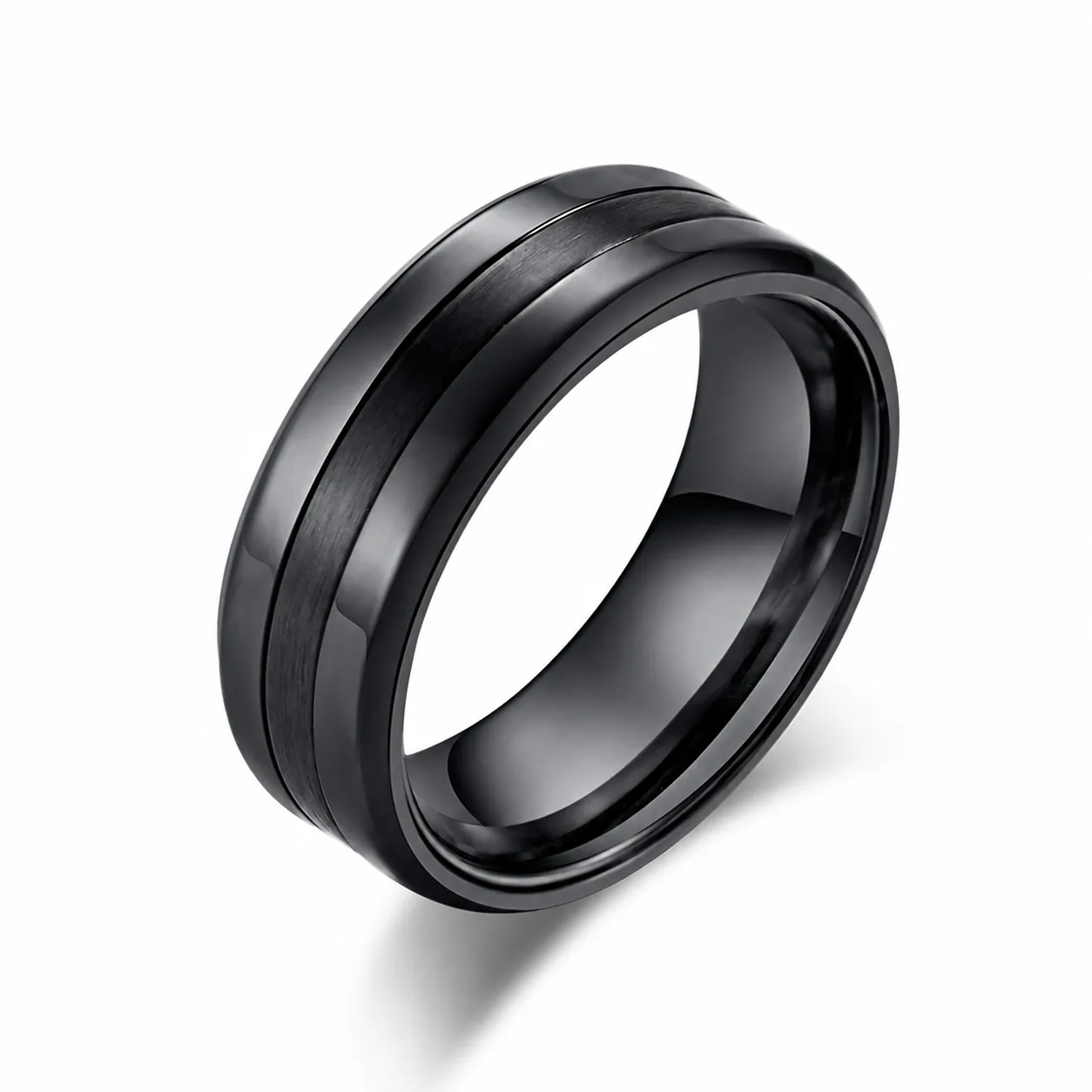 Minimalist Stainless Steel Band Ring For Men Wide Brushed Center Polished Edges Industrial Fashion Jewelry Ring Black Silver Tone