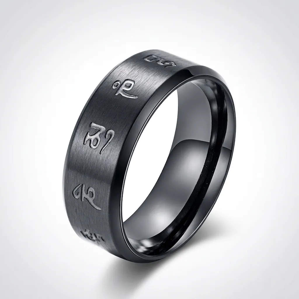Brushed Black Stainless Steel Ring For Men Religious Buddhist Heart Mantra Engraved Band Finger Ring Fashion Jewelry Gift