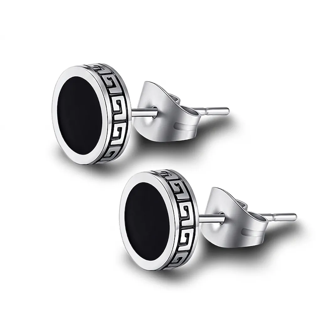 Round Stud Earrings Stainless Steel Black Greek Key Pattern Vintage Punk Hip Hop Ear Jewelry For Men Boys Daily Wear