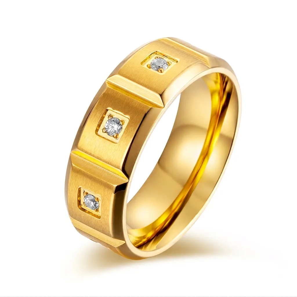 Minimalistischer Edelstahl Ring 18K Vergoldet Gebürstete Oberfläche Zirkon Eingelegt Band Für Herren Damen Modeschmuck