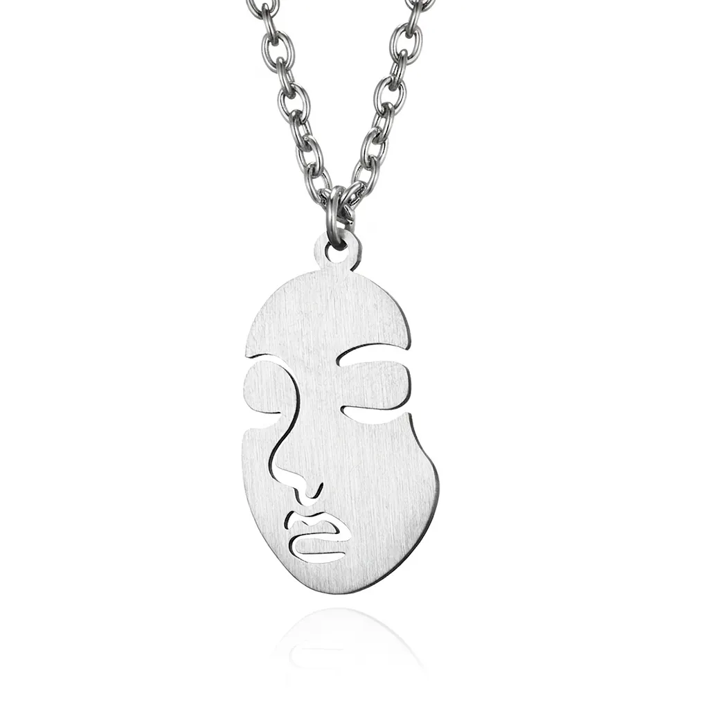 Minimalist Abstract Face Line Pendant Necklace Stainless Steel Brushed Silver Tone Harajuku Aesthetic Jewelry For Men Women Daily Accessorizing