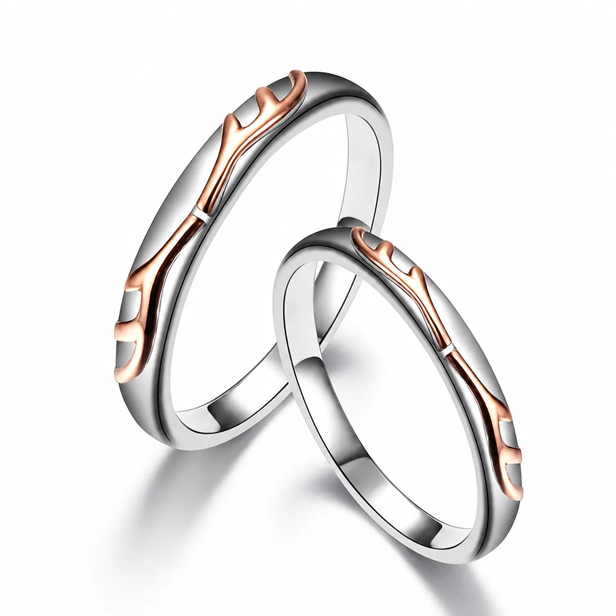 Anillo de Pareja Minimalista de Acero Inoxidable con Astas de Ciervo Estilo Bosque Oro Rosa Plata Bicolor Joyería de Moda Regalo para Enamorados