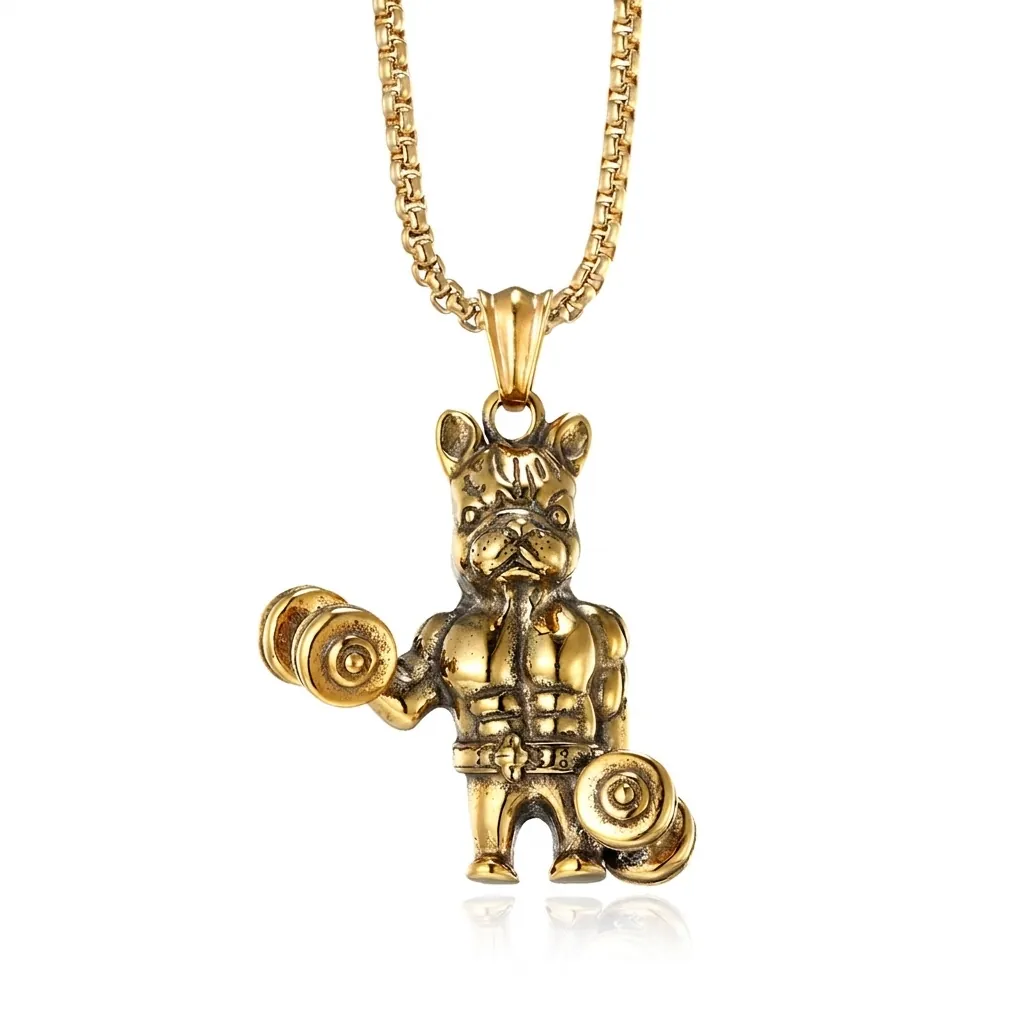 Collana Con Pendente a Forma di Bulldog Muscoloso Con Manubrio per Uomo Acciaio Inossidabile Placcato Oro Gioielli a Tema Palestra