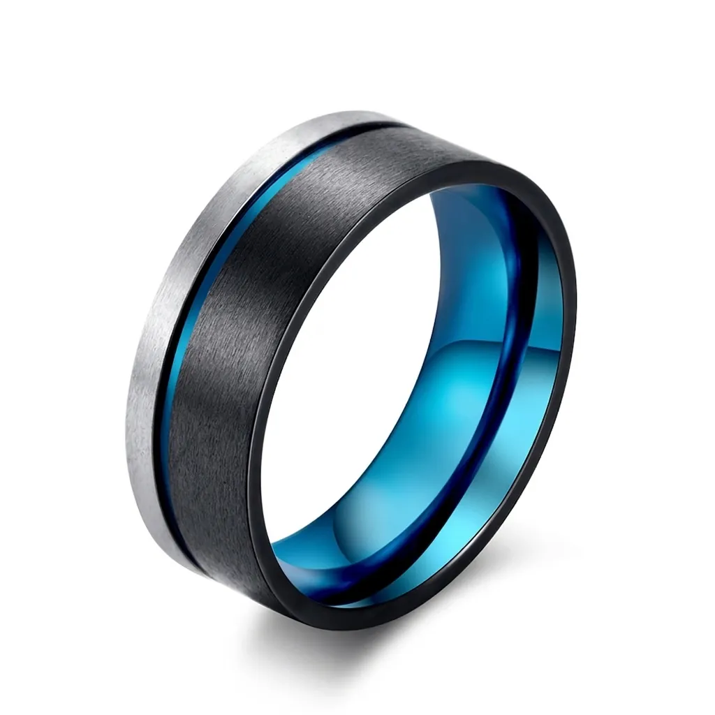 Men Fashion Stainless Steel Ring Black Blue Brushed Matte Finish Two Tone Industrial Style Band Ring For Men Jewelry Gift
