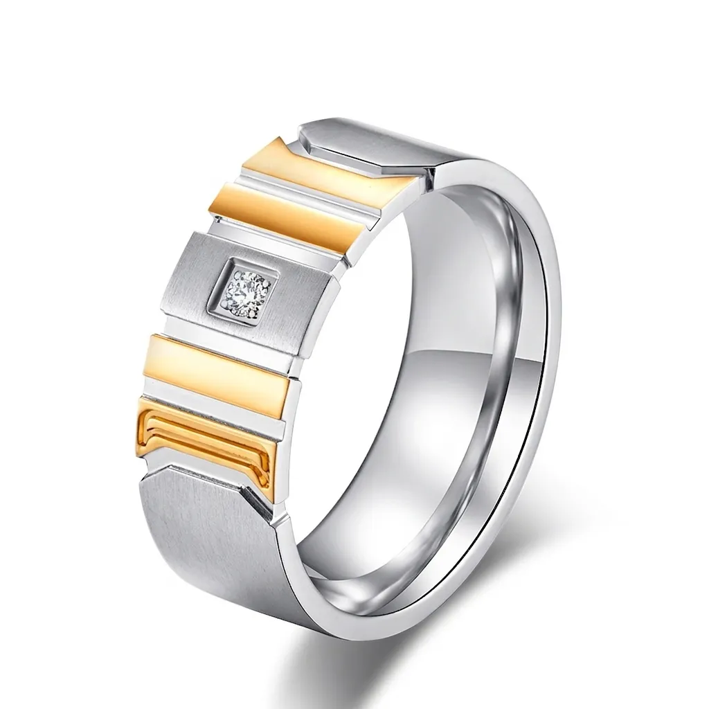 Anello Geometrico in Acciaio Inossidabile Bicolore Moderno Stile Industriale Spazzolato Con Strass Intarsiato per Uomo Donna