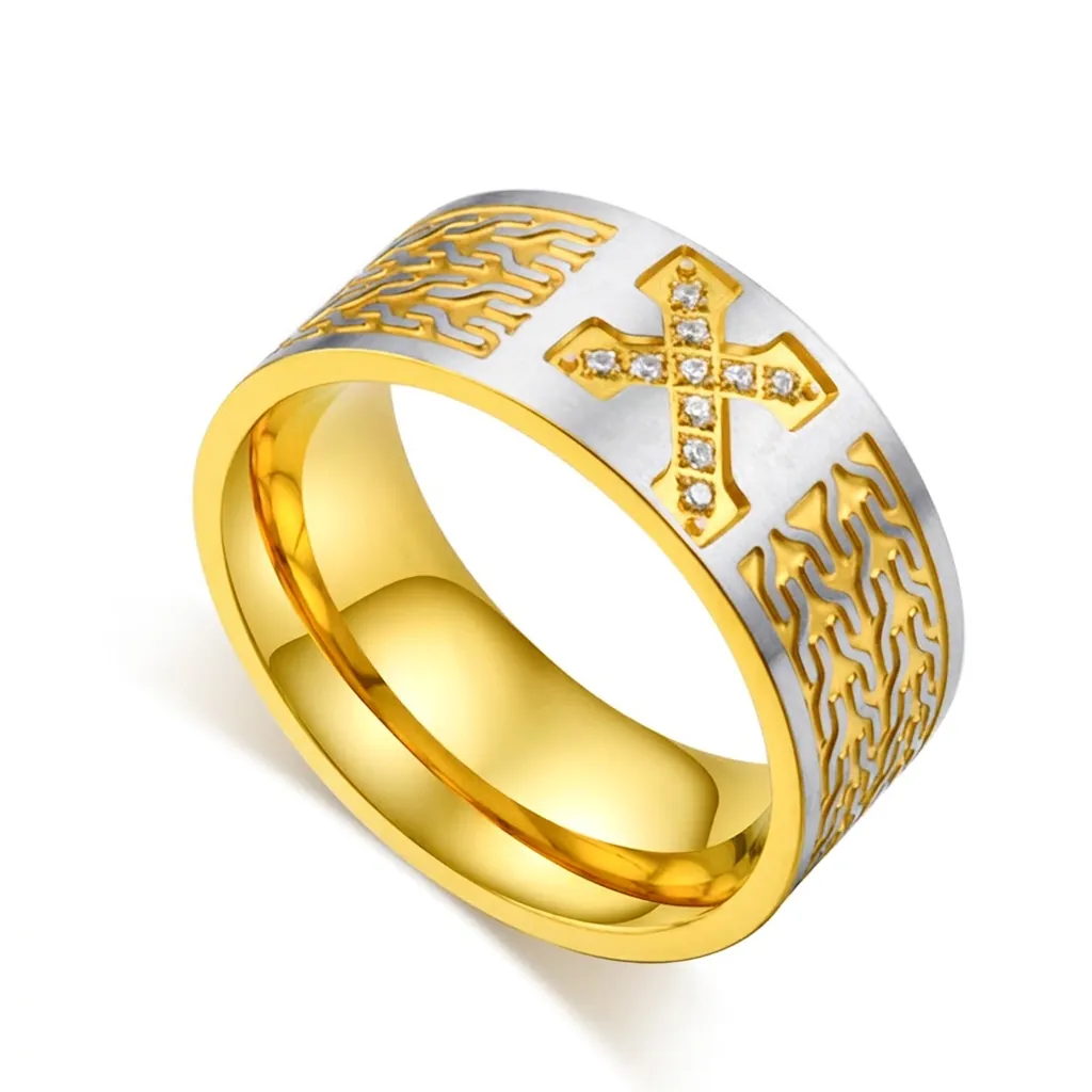 Stainless Steel Cross Ring For Men Hiphop Punk Style With Rhinestone Etched Chain Pattern Gold Plated Finger Band Jewelry