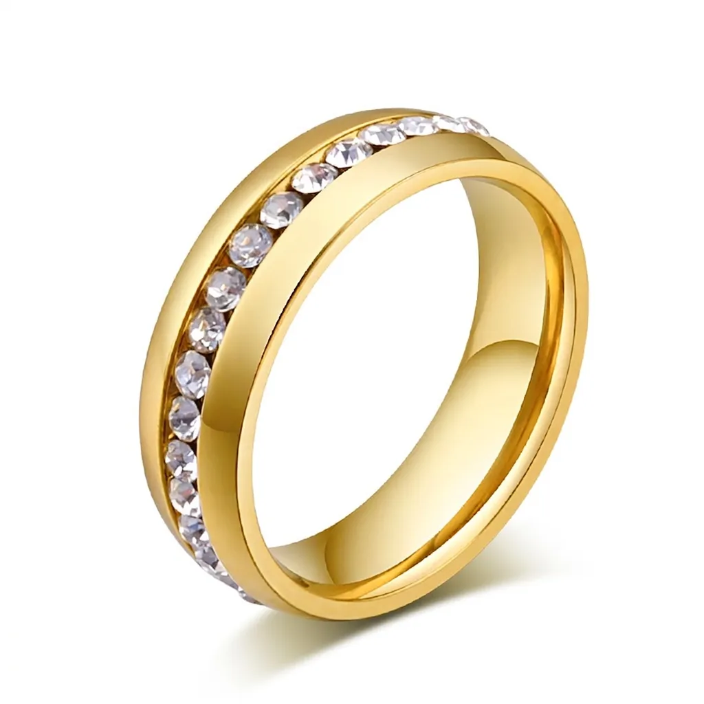 18K Gold Plated Stainless Steel Full Rhinestone Eternity Band Ring For Women Men Wedding Engagement Fashion Jewelry Finger Ring
