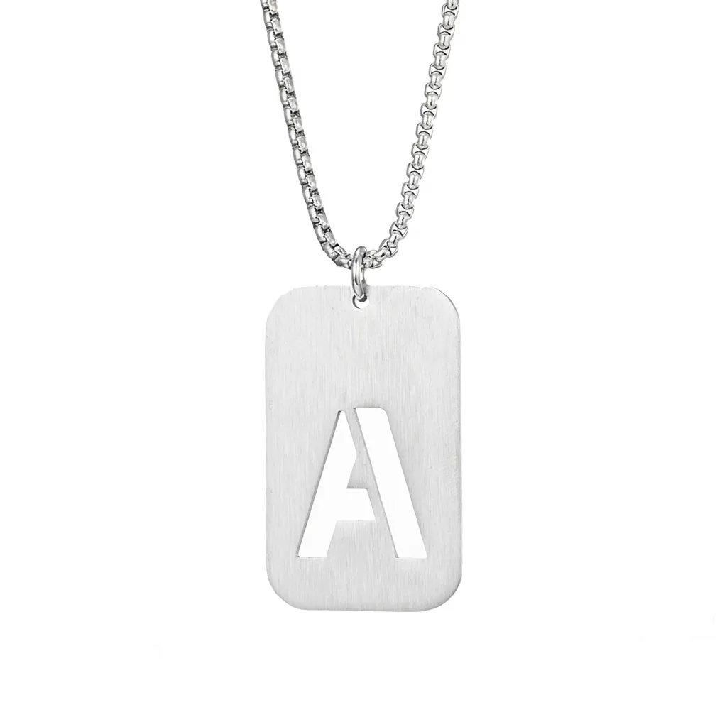 Stainless Steel Initial Necklace Hollow Alphabet Military Tag Pendant Brushed Silver Finish Jewelry Men Women Everyday Wear