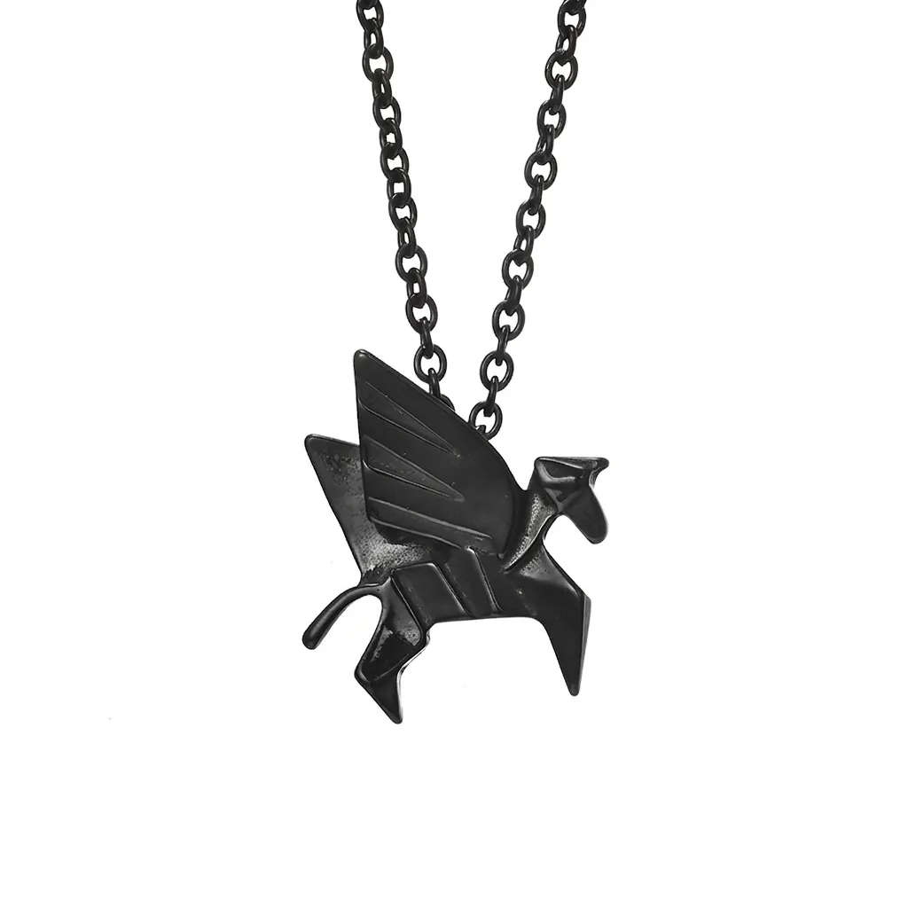 Stainless Steel Origami Pegasus Pendant Necklace Geometric Flying Horse Retro Industrial Style Jewelry For Men Women