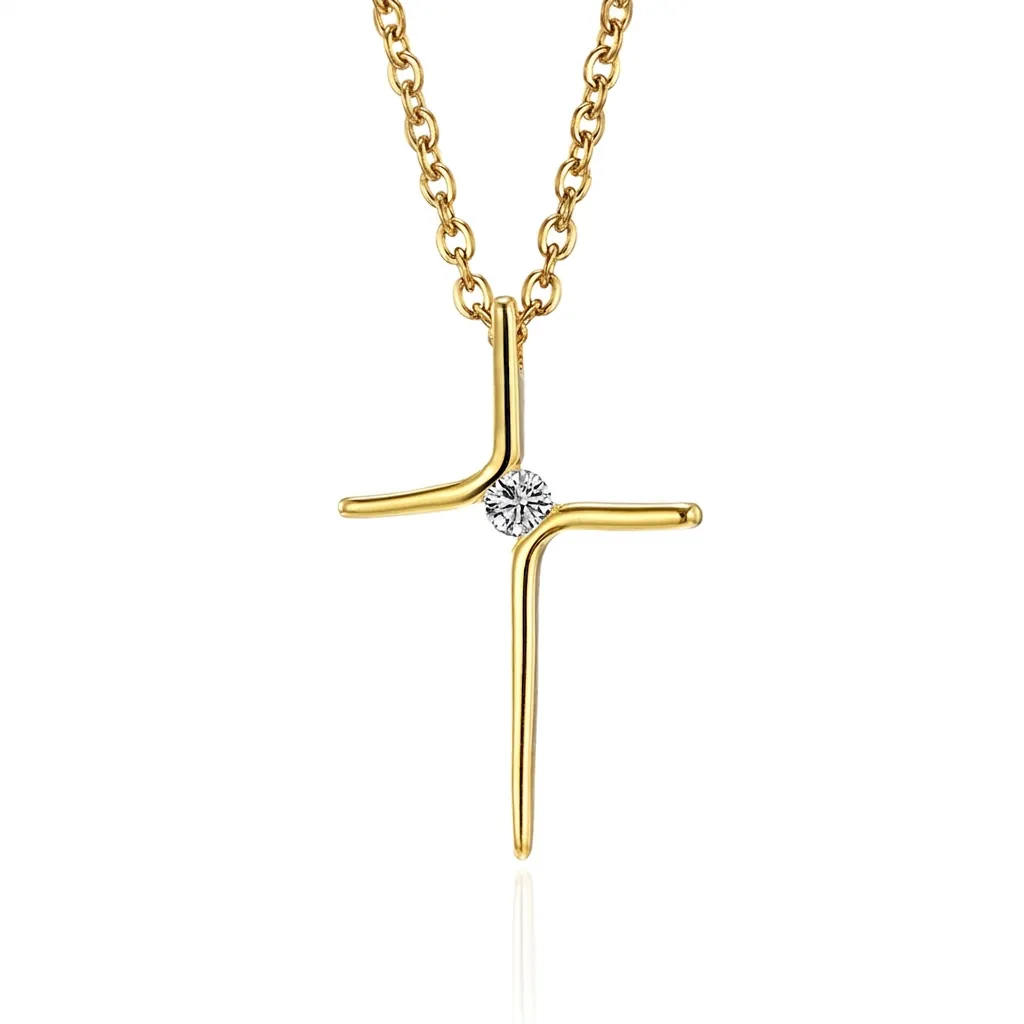 Trendy Stainless Steel Cross Pendant Necklace With Inlaid Rhinestone For Women Men Minimalist Gold Plated Jewelry Gift