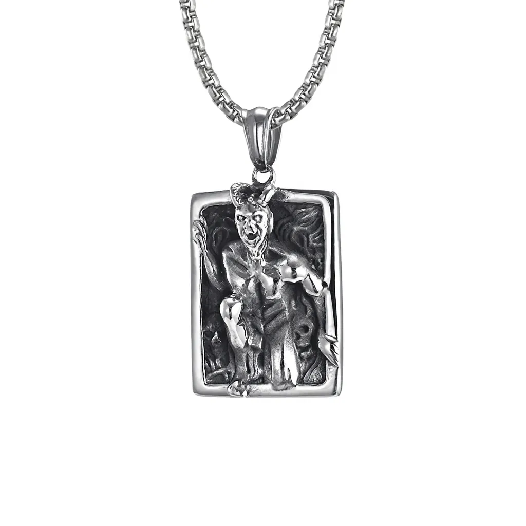 Vintage Stainless Steel Demon Skull Relief Pendant Necklace For Men Gothic Punk Hip Hop Distressed Box Chain Jewelry