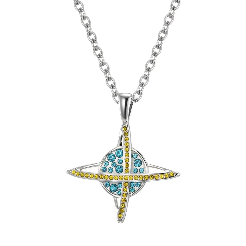 Collier Pendentif Planète Saturne en Acier Inoxydable Avec Strass Bleu Jaune Bijoux Minimalistes Tendance