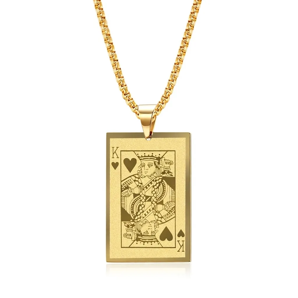 Collier Pendentif Carte de Poker en Acier Inoxydable As de Pique Roi de Cœur Bijoux Hip Hop Rétro pour Hommes Femmes