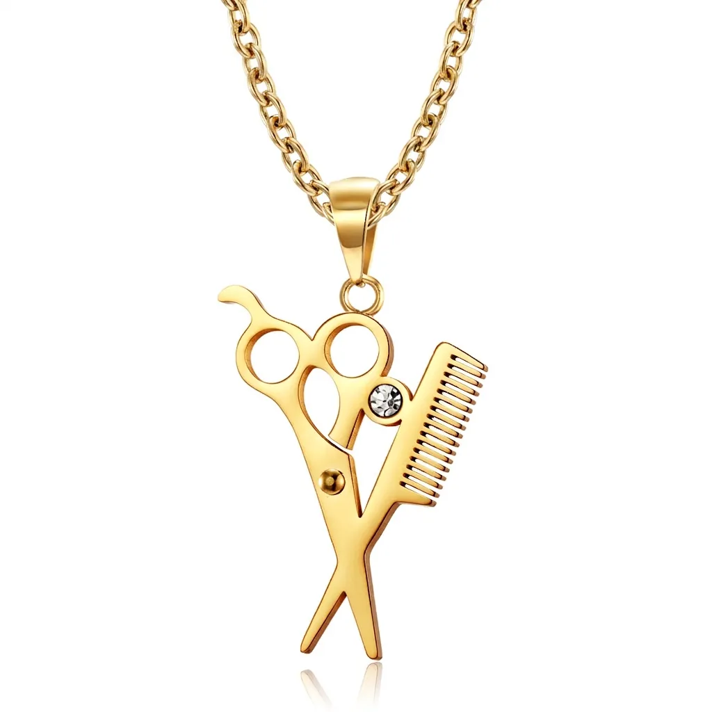 Titanium Steel Scissor And Comb Pendant Necklace For Men Women Hip Hop Barber Professional Jewelry With Rhinestone