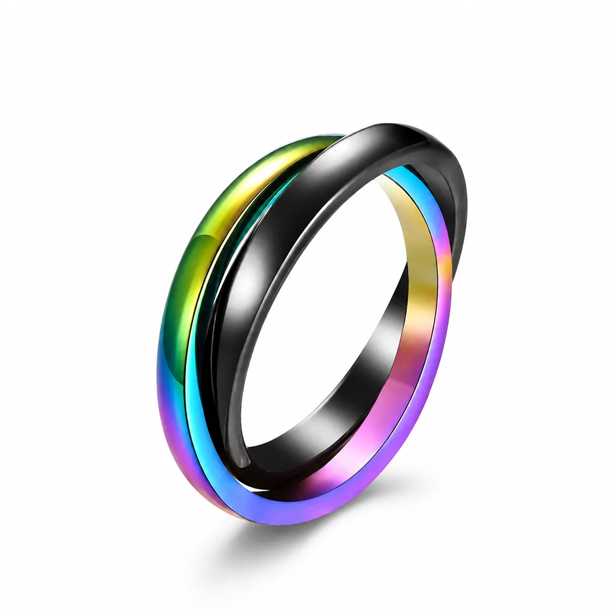 Minimalistischer Edelstahl Keramik Ineinandergreifender Doppelring Schwarz Regenbogen Farbverlauf Mode Ring Für Herren Damen Schmuck