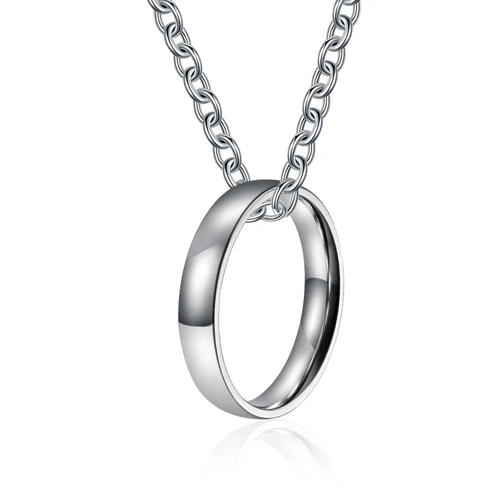 Minimalist Stainless Steel Inner Outer Arc Polished Ring Pendant Necklace Unisex Neutral Style Plain Band For Men Women
