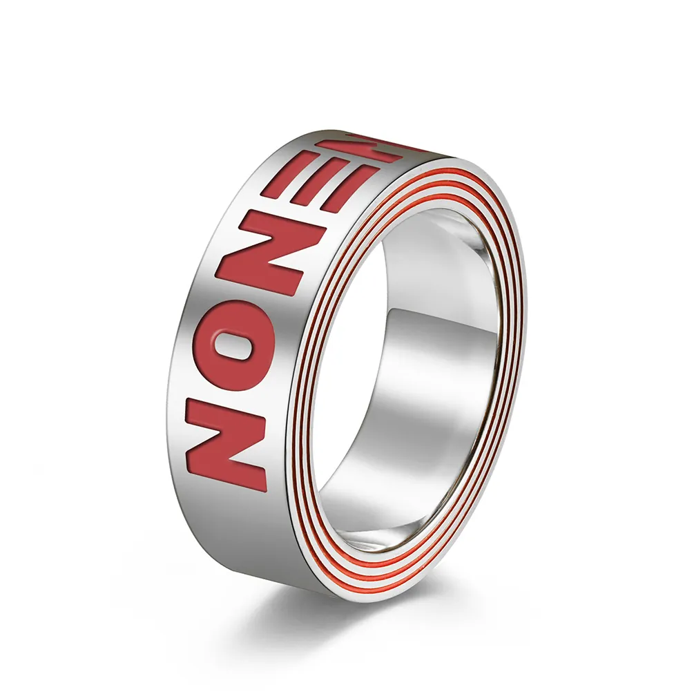 Bague Large en Acier Inoxydable Hip Hop Lettres en Émail Rouge Rainures Latérales Bijoux de Doigt Streetwear Homme Femme