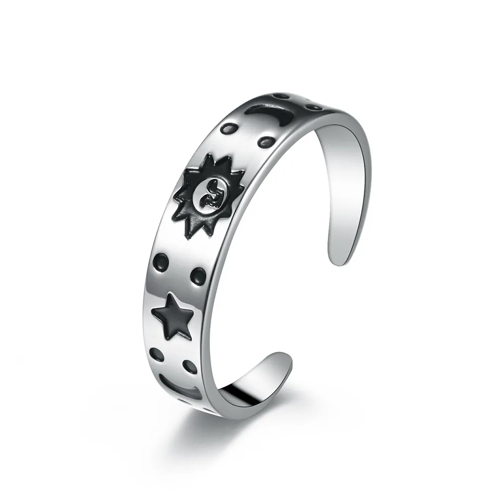 Bague Ouverte Réglable en Acier Inoxydable Mystique Vintage Soleil Lune Étoile pour Hommes Femmes Bijoux Célestes Polis