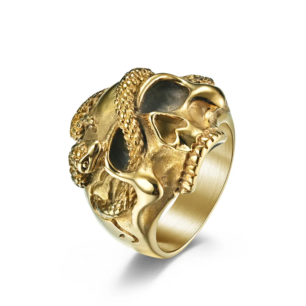 Gothic Stainless Steel Skeleton Snake Ring For Men Women Vintage Punk Dark Style Mamba Skull Biker Jewelry Finger Ring