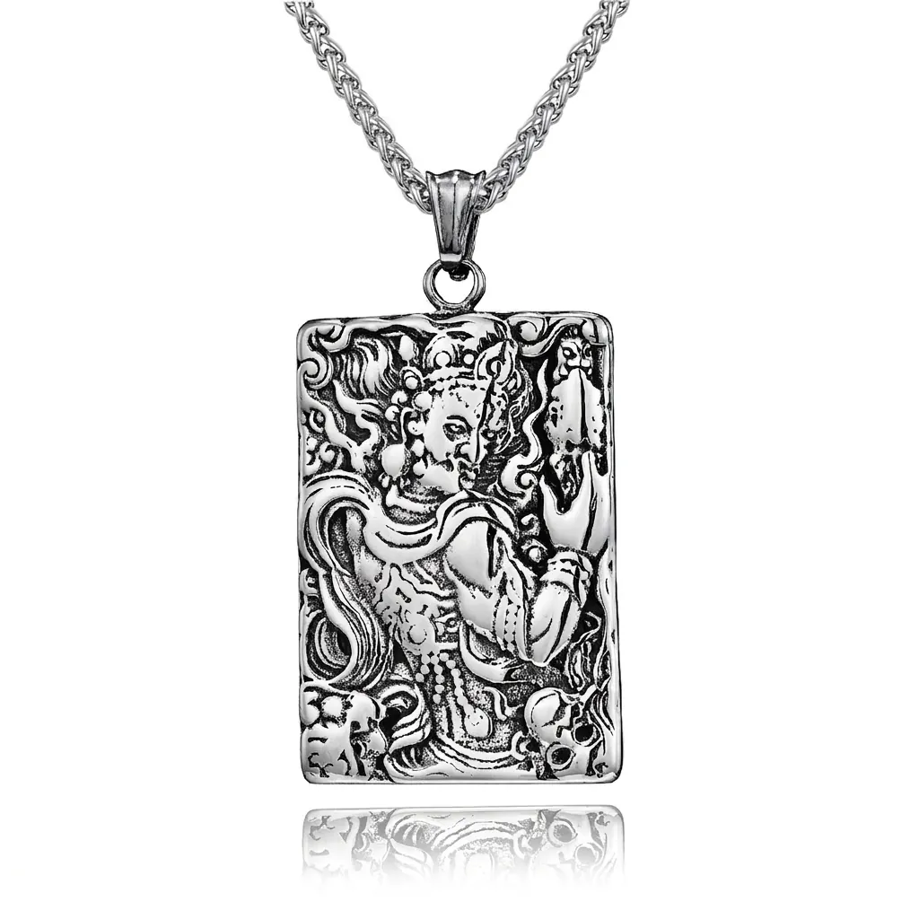 Collier Pendentif Bouddha Acala en Acier Inoxydable Ethnique Vintage pour Hommes Bijoux Religieux Gothiques Totem en Relief