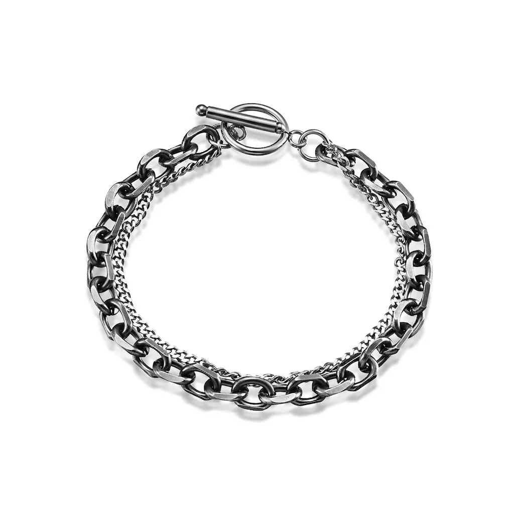 Unisex Double Layer Stainless Steel Chain Bracelet Industrial Style Toggle Clasp Distressed Minimalist Fashion Jewelry