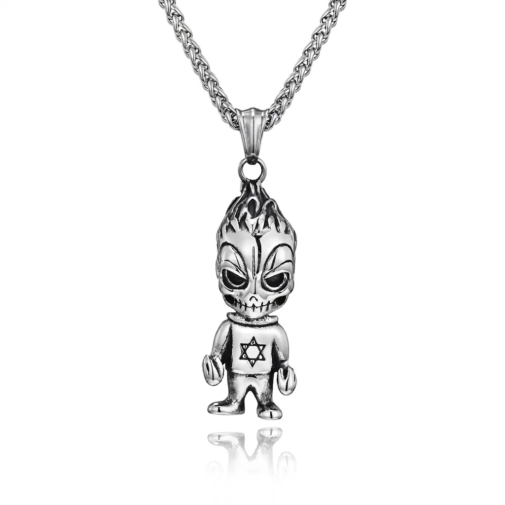 Collier Pendentif Humanoïde Crâne Dessin Animé Acier Inoxydable Punk Hip Hop pour Hommes Femmes Bijoux Pendentif Hexagramme Antique