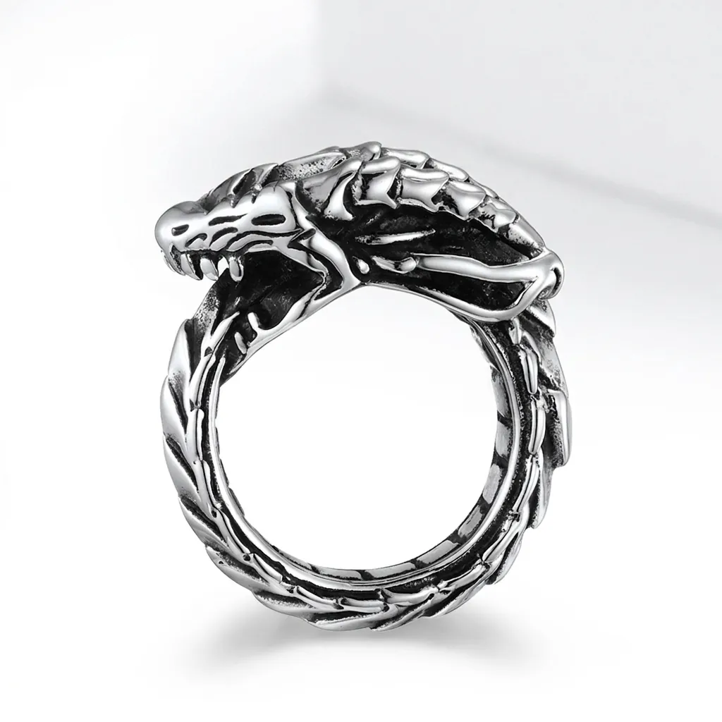 Vintage Punk Dragon Ring Stainless Steel Oxidized Serpent Wrap Finger Band For Men Women Gothic Jewelry Accessory