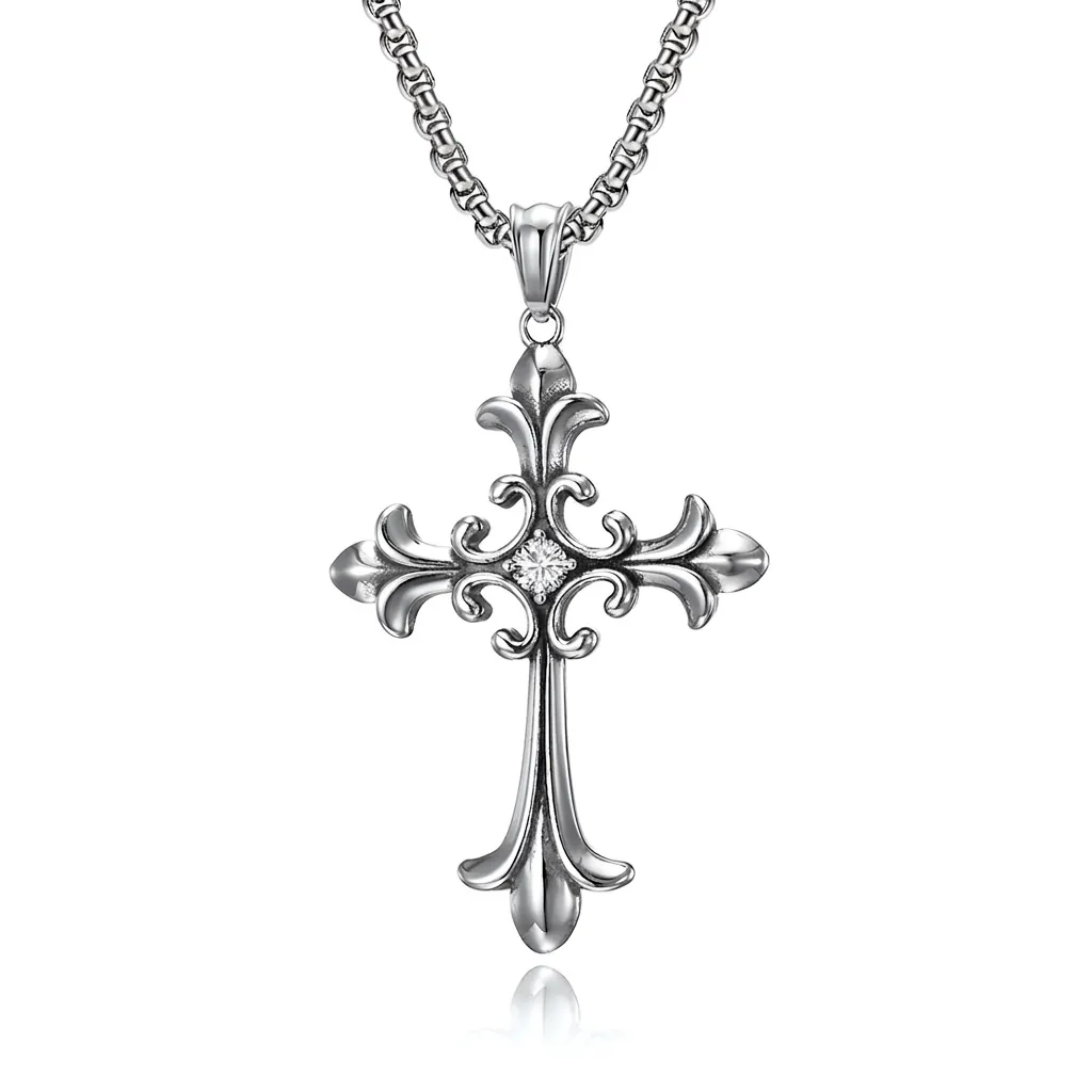 Collier Pendentif Croix Gothique Vintage Acier Inoxydable Zircone Bijoux Religieux Pour Hommes Style Hip Hop Rock Cadeau