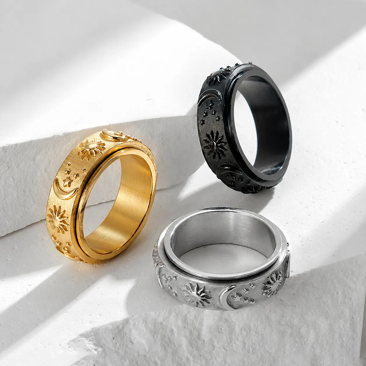 Rotatable Stainless Steel Sun Moon Star Relief Spinner Ring Stress Relief Anxiety Band Ring For Men Women Jewelry