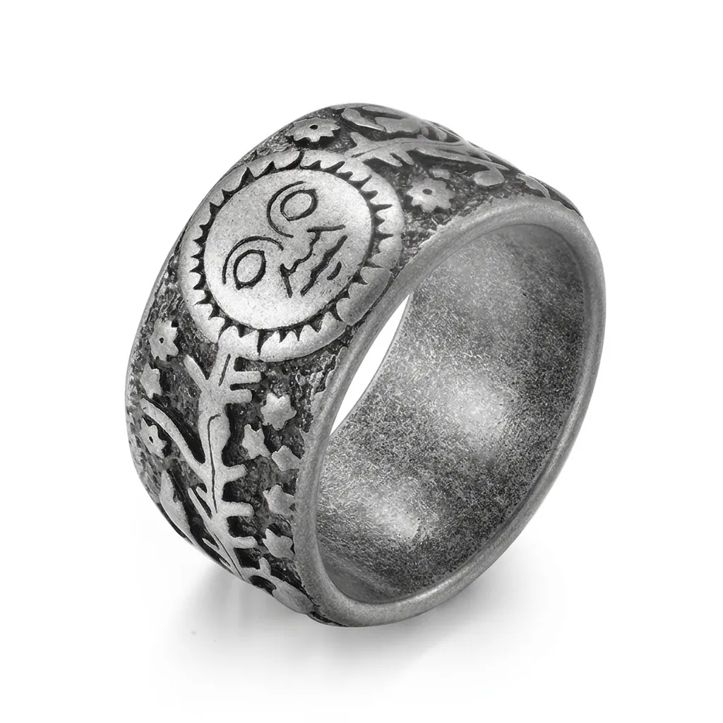 Vintage Stainless Steel Sun Moon Star Ring Relief Pattern Wide Band Antique Celestial Finger Jewelry For Men Women Gift