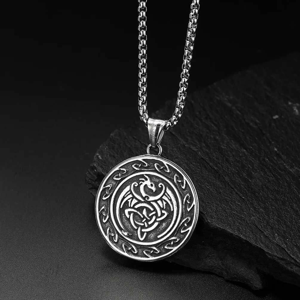 Nordic Viking Dragon Pendant Necklace For Men Vintage Stainless Steel Celtic Knot Round Medallion Retro Silver Jewelry Gift