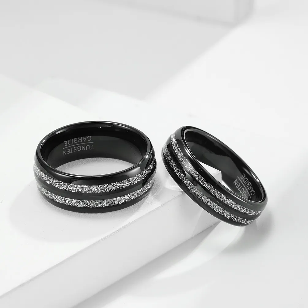 Tungsten Carbide Ring With Meteorite Inlay Double Groove Polished Band For Men Women Engagement Wedding Jewelry