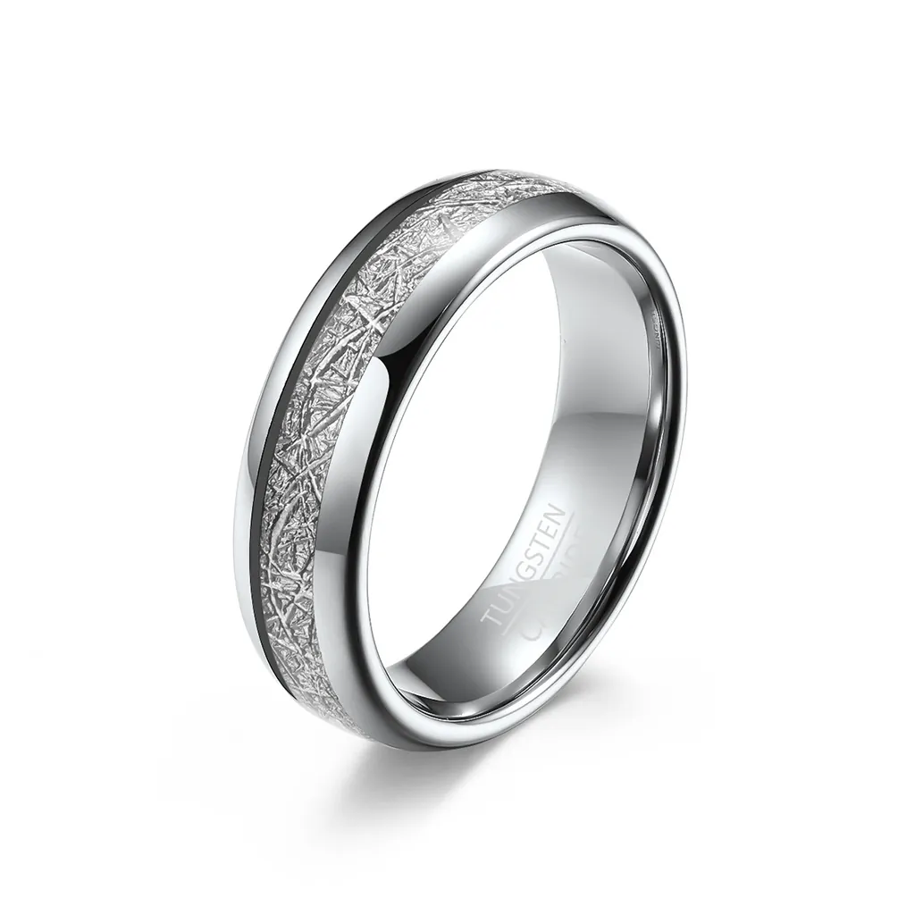 Anello in Carburo di Tungsteno per Uomo Donna Intarsio di Meteorite Lucido Fede Nuziale Minimalista Gioielli Regalo