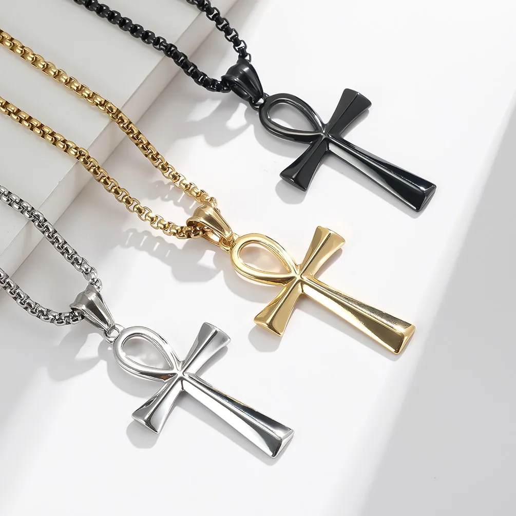 Collier Pendentif Croix d'Ankh en Acier Inoxydable Bijoux Symbole de Vie Égyptien pour Hommes Femmes Accessoire Unisexe