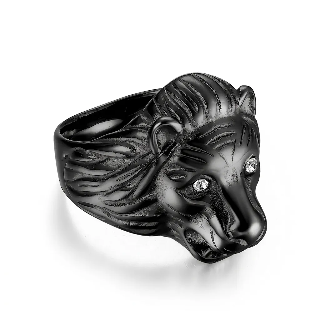 Lion Head Ring Stainless Steel Rhinestone Eyes Hip Hop Punk Domineering Men Jewelry Polished Animal Shaped Finger Ring