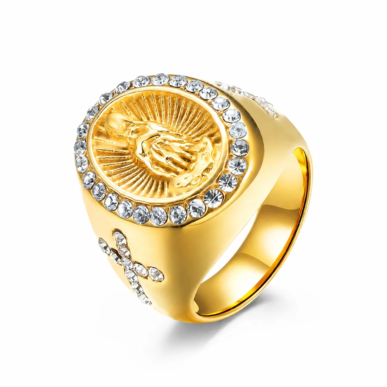 Vintage Stainless Steel Virgin Mary Ring For Men Religious Cross Rhinestone Inlaid Gold Silver Hip Hop Signet Ring Jewelry