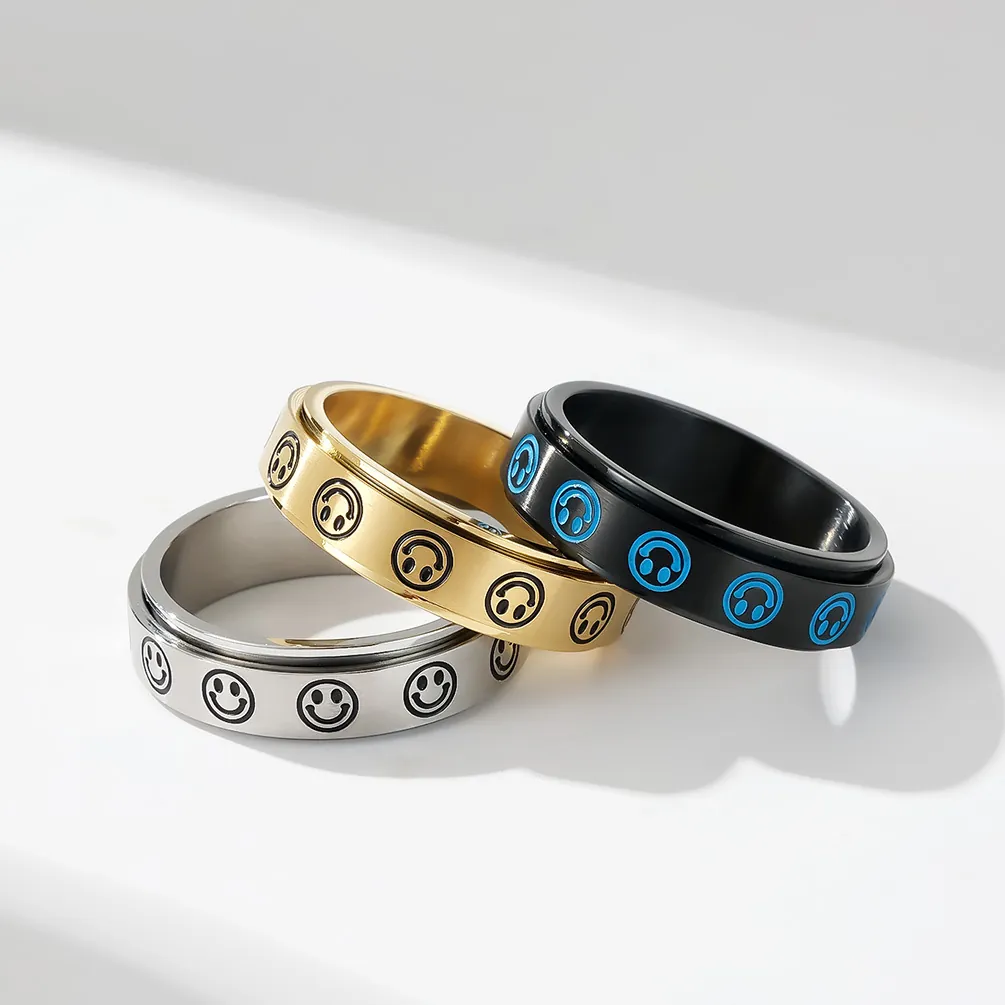 Stainless Steel Spinner Rings For Anxiety Relief Unisex Smiley Face Pattern Rotating Band Rings Gold Black Silver Jewelry
