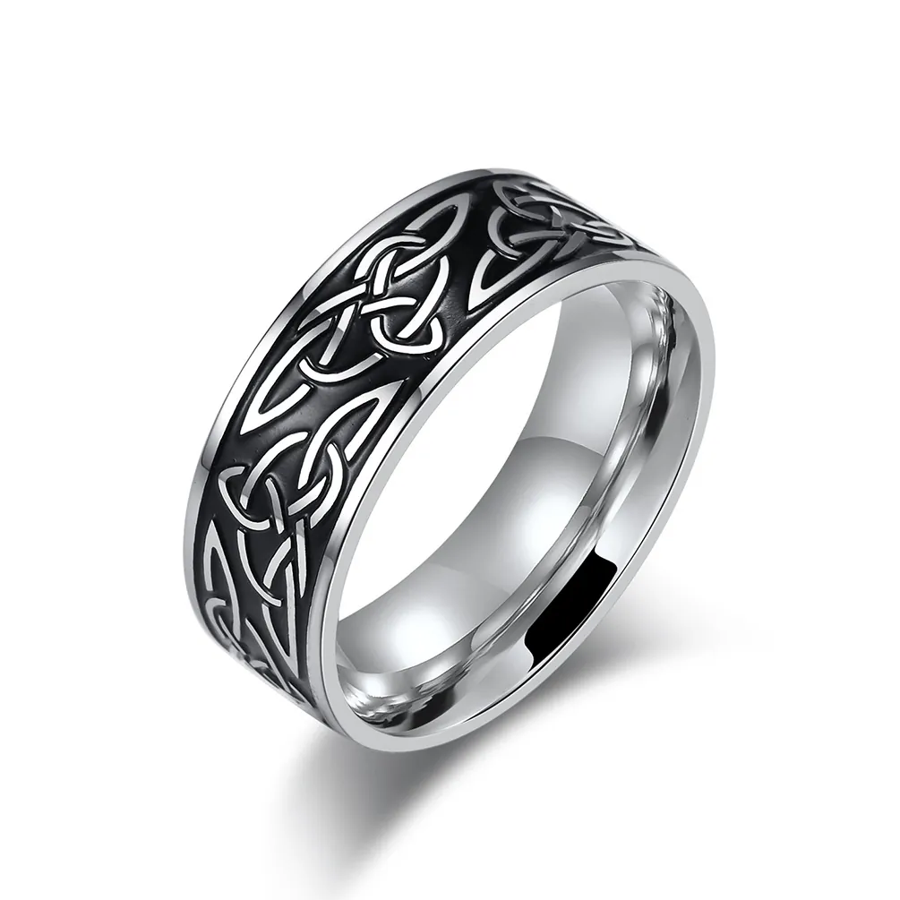 Men's Vintage Stainless Steel Celtic Knot Ring Retro Black Silver Color Wide Band Finger Ring Fashion Jewelry Gift For Men