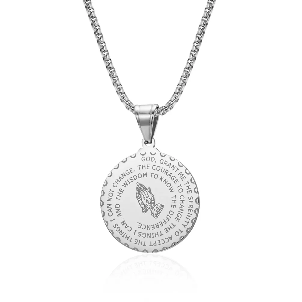 Collier Pendentif Disque Rond en Acier Inoxydable Vintage Relief Mains en Prière Prière de Sérénité Bijoux Hip Hop pour Hommes