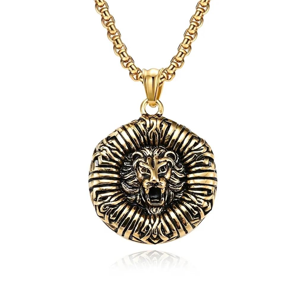 Vintage Edelstahl Löwenkopf Anhänger Halskette Für Herren Hip Hop Rock Schmuck Runde Relief Löwenkopf Medaille Kette