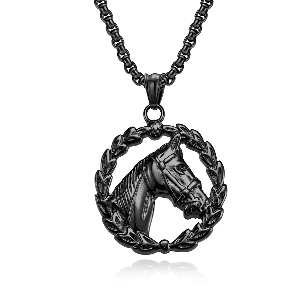 Vintage Stainless Steel Horse Head Wreath Pendant Necklace Retro Animal Hip Hop Jewelry Gold Black Steel Color Pendant Necklaces Unisex Commemorative Gift