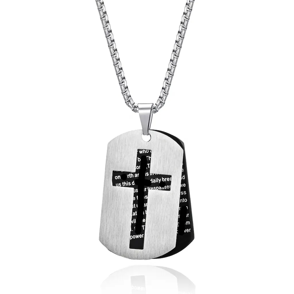 Stainless Steel Double Layer Hollow Cross Dog Tag Pendant Necklace Brushed Bible Verse Scripture Religious Jewelry For Men