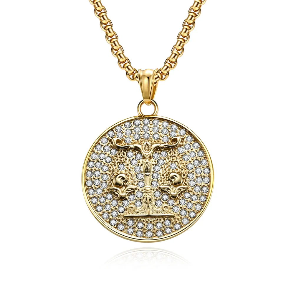 Hip Hop Stainless Steel 18K Gold Plated Twelve Constellations Round Pendant Rhinestone Pave Zodiac Coin Pendant Jewelry Gift