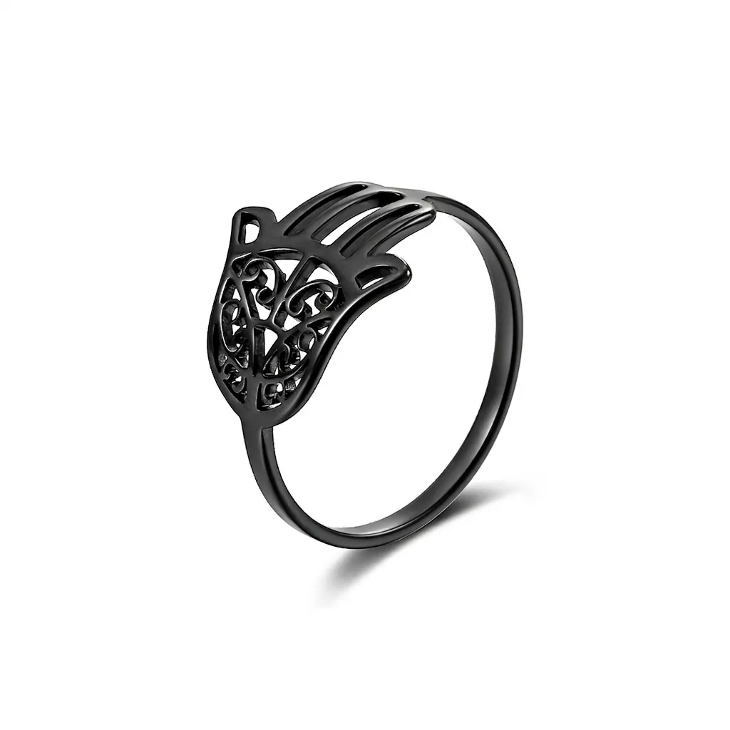 Vintage Stainless Steel Hamsa Hand Ring For Women Hollow Out Filigree Fatima Hand Amulet Retro Fashion Finger Jewelry